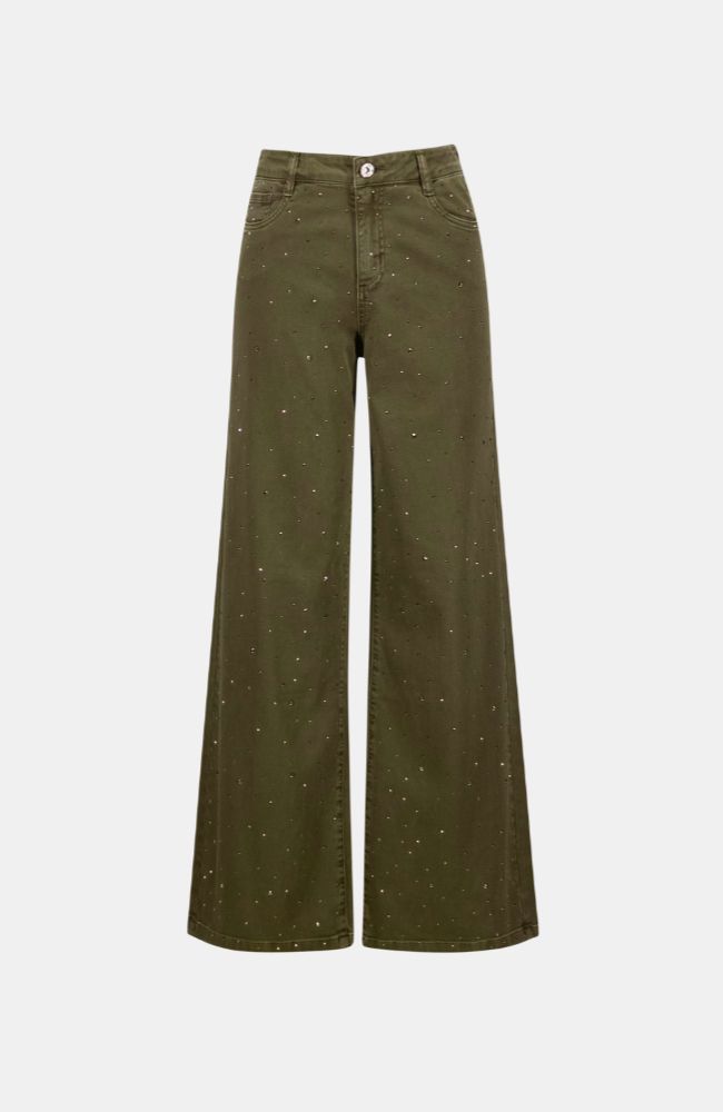 Featherweave Denim Wide Leg Jeans With Rhinestones