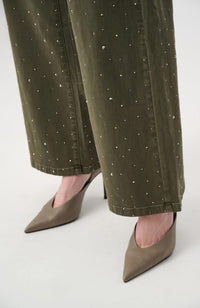 Featherweave Denim Wide Leg Jeans With Rhinestones