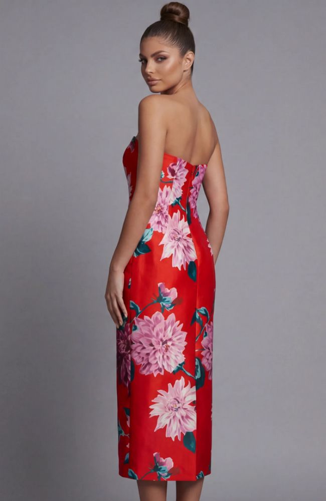 Strapless Floral Fitted Midi