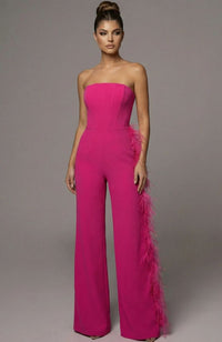 Strapless Corset Jumpsuit With Feather Trim