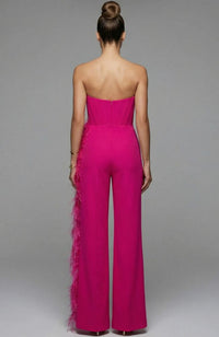 Strapless Corset Jumpsuit With Feather Trim