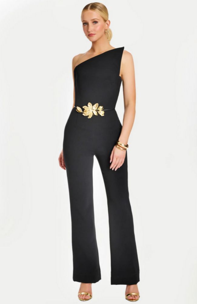 One Shoulder Black Jumpsuit with Gold Floral Belt