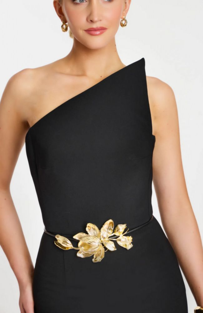 One Shoulder Black Jumpsuit with Gold Floral Belt