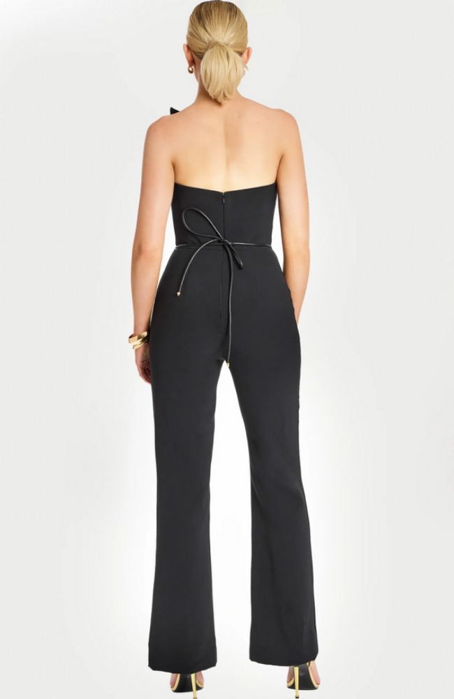 One Shoulder Black Jumpsuit with Gold Floral Belt