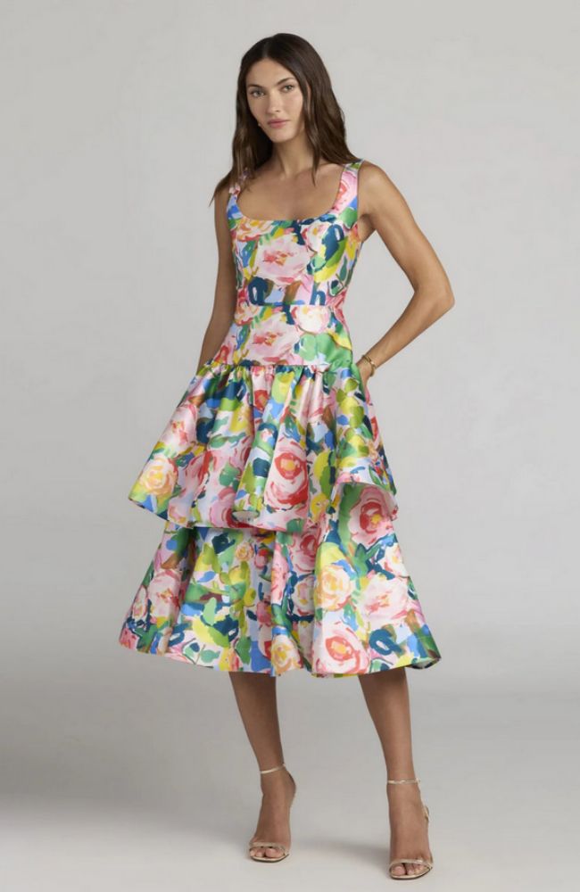 Floral Mikado Ruffle Midi Dress