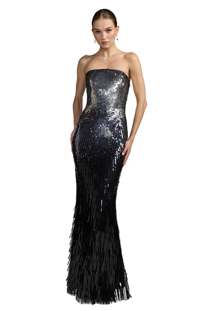 Embellshed Mesh Strapless Fringe Gown