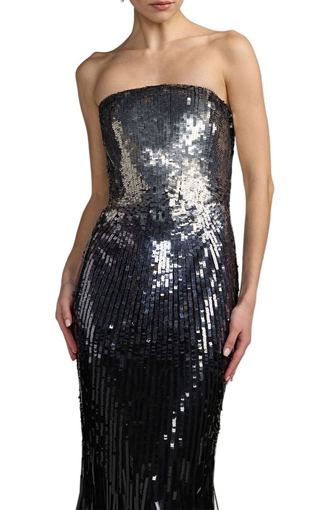 Embellshed Mesh Strapless Fringe Gown