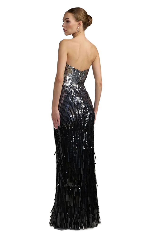 Embellshed Mesh Strapless Fringe Gown