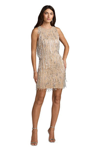 Embellished Mesh Sleeveless Fringe Mini Dress