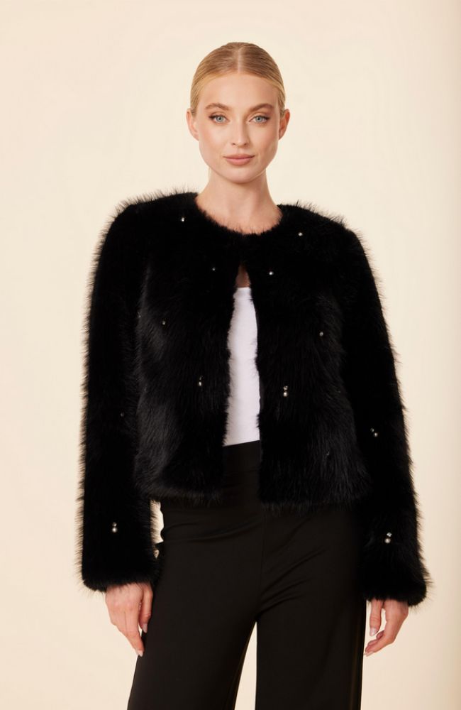 Embellished Pearl Rhinestone Faux Fur Jacket