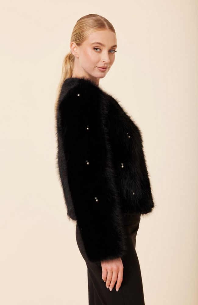 Embellished Pearl Rhinestone Faux Fur Jacket