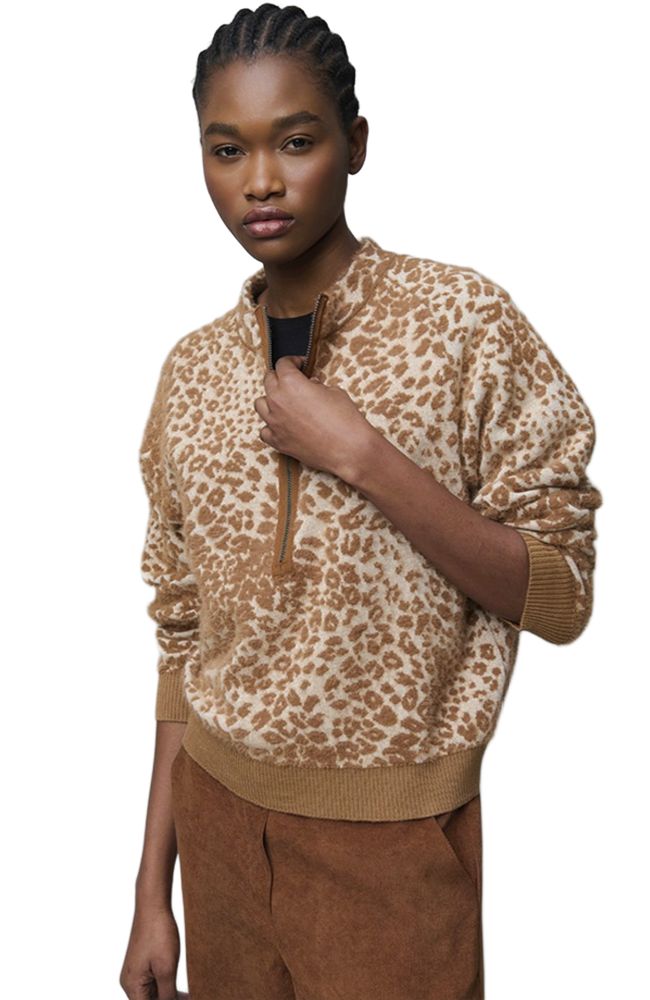 Brown Animal Print Zip Neck Sweater