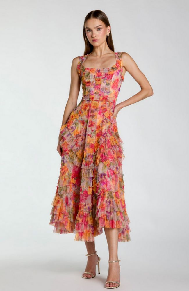 Mesh Micro Ruffle Midi Dress