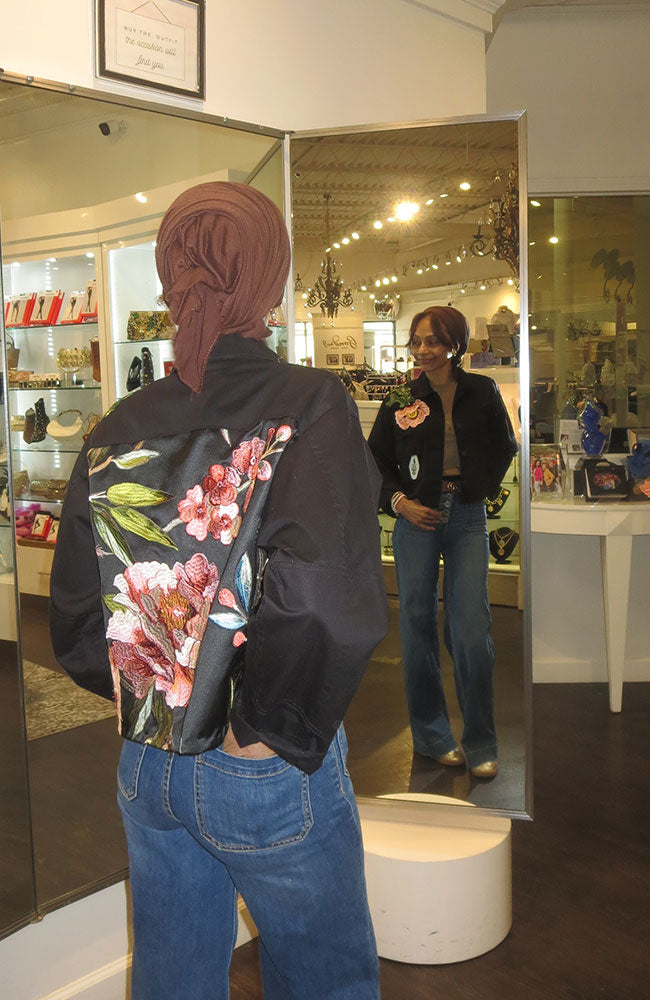 Black Crop Silk Floral Jacket with Applique