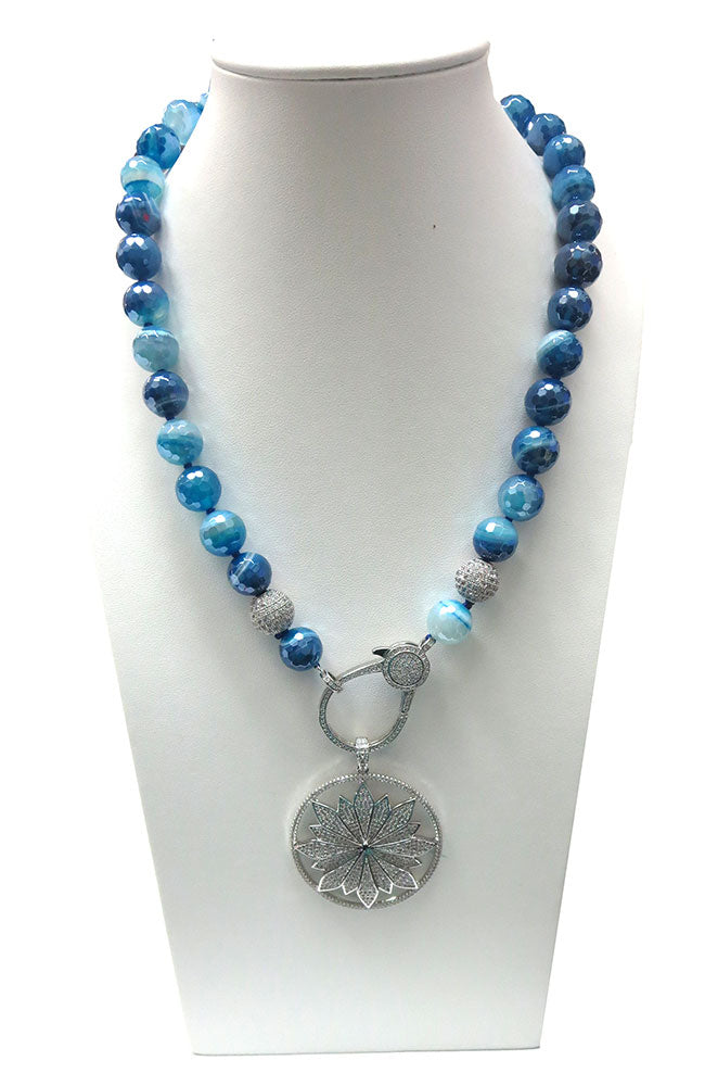 Blue Bead Necklace Silver Leaf Pendant