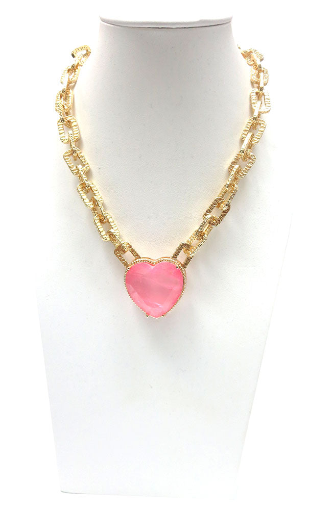 Large Pink Heart on Gold Square Link Chain Necklace
