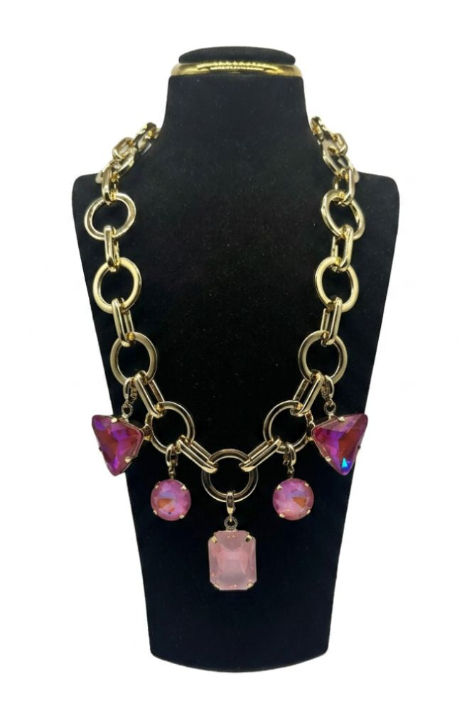 Chunky Pink Gem Round Link Necklace