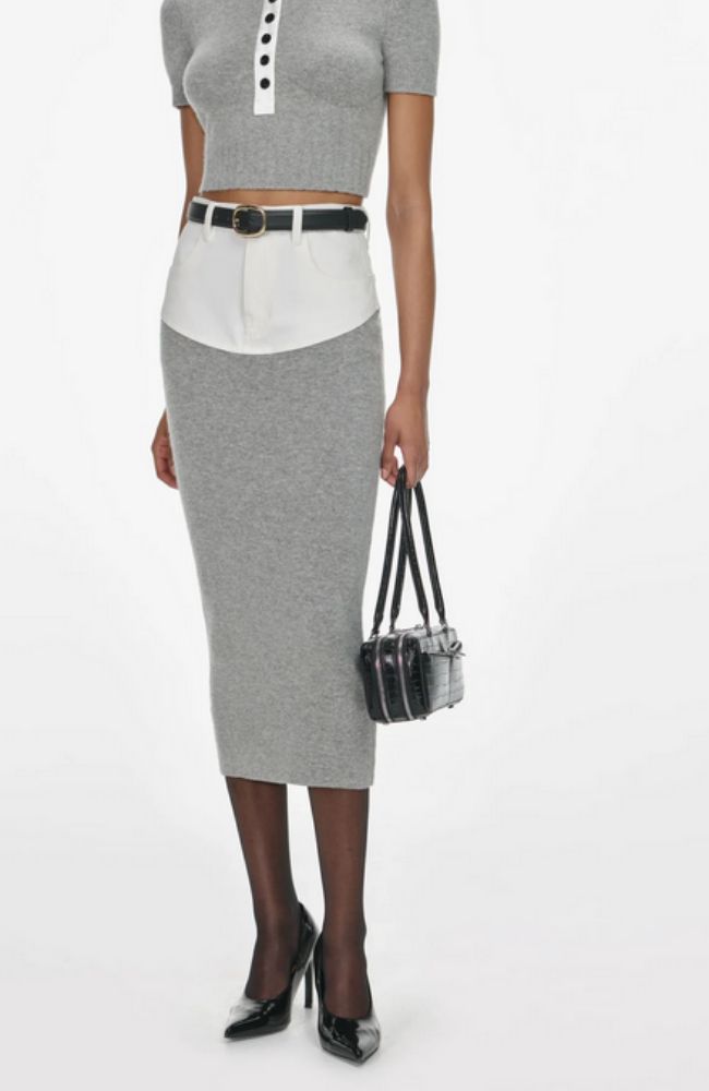 Knit Denim Insert Midi Skirt