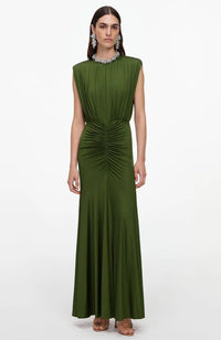 Olive Jersey Gathered Dress