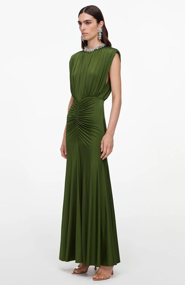 Olive Jersey Gathered Dress