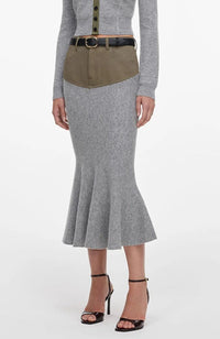 Grey Knit Khaki Denim Midi Skirt
