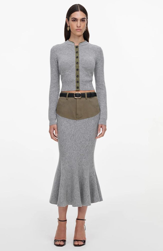 Grey Knit Khaki Denim Midi Skirt