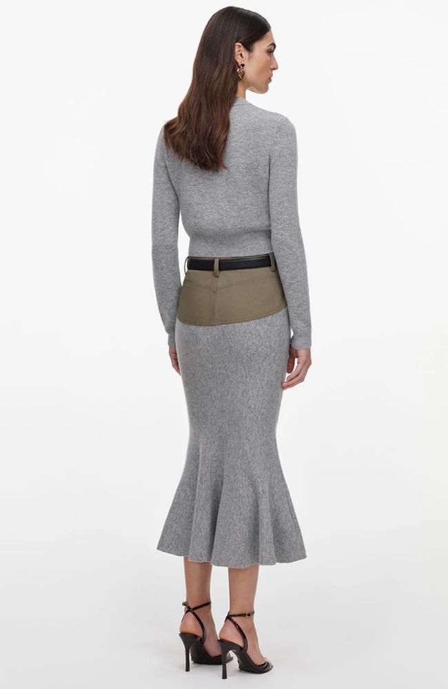 Grey Knit Khaki Denim Midi Skirt