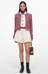 Red Check Frayed Knit Jacket
