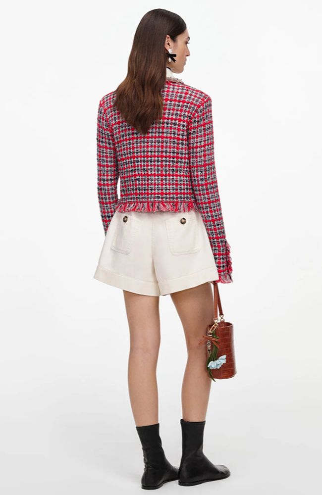 Red Check Frayed Knit Jacket