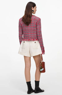 Red Check Frayed Knit Jacket