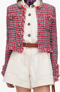 Red Check Frayed Knit Jacket