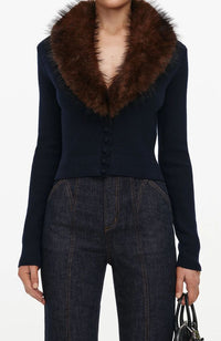 Navy Faux Fur Knit Cardigan