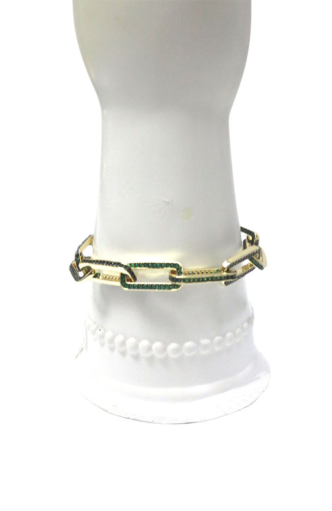 Gold and Crystal Rectangular Link Bracelet Emerald