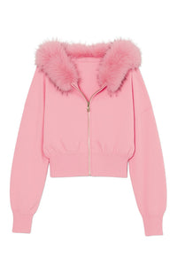 Nadya Faux Fur Trim Hooded Cardigan
