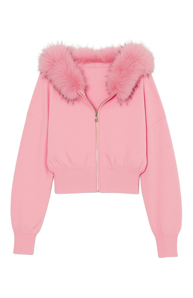 Nadya Faux Fur Trim Hooded Cardigan