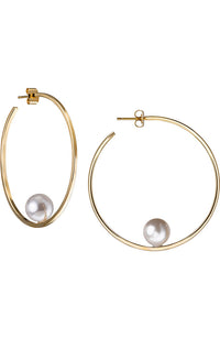 High Polished Gold Hoops Single Pearl