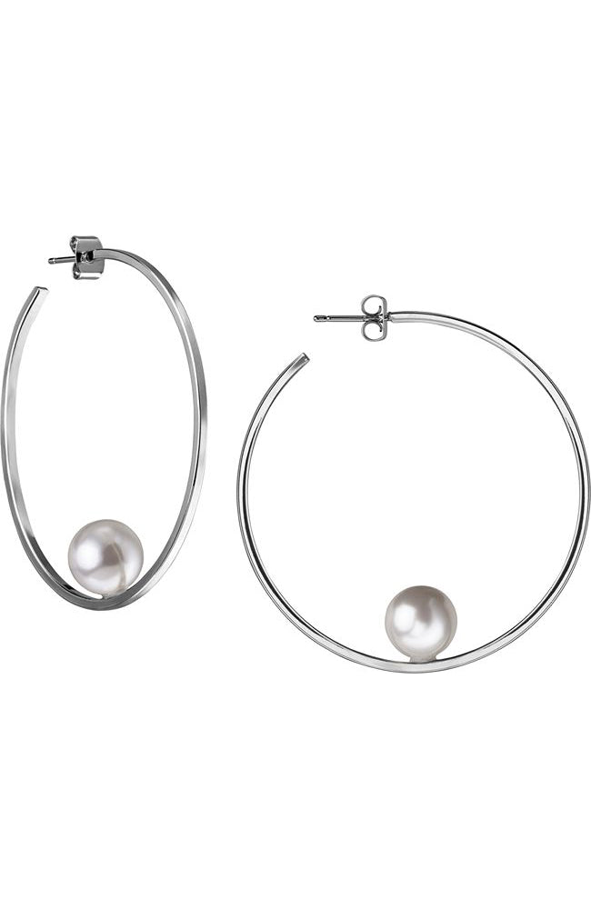 Rhodium Hoop with Pearl  2"