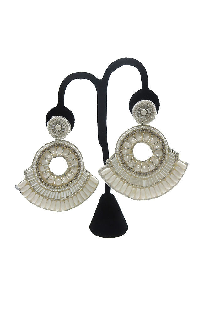 White Bead Circle Fan Earrings