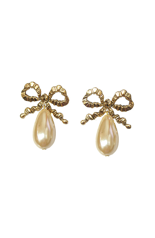 Gold Ribbon & Pearl Earrings