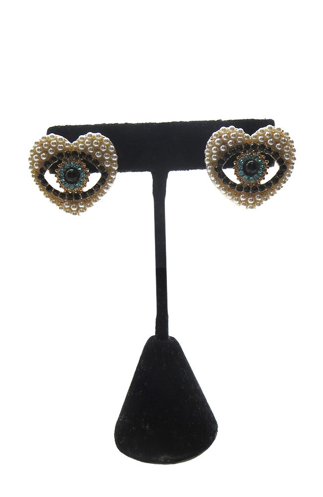 Pearl Evil Eye Heart Earrings