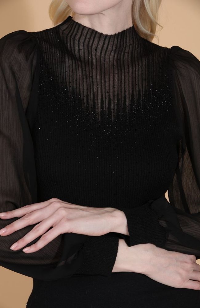Rib Knit Sweater with Chiffon Sleeve
