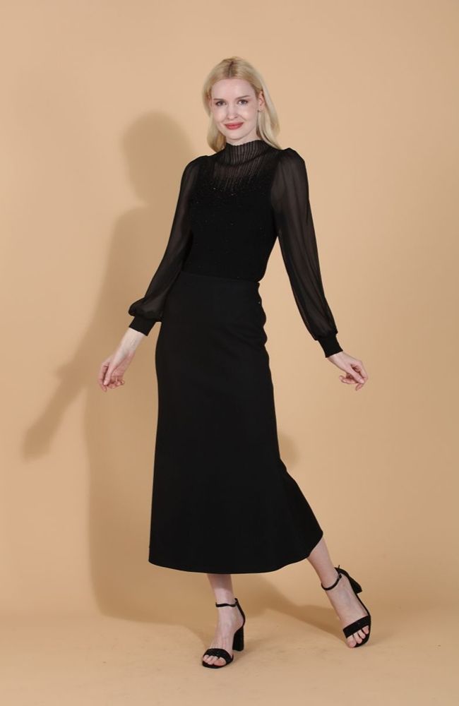Rib Knit Sweater with Chiffon Sleeve
