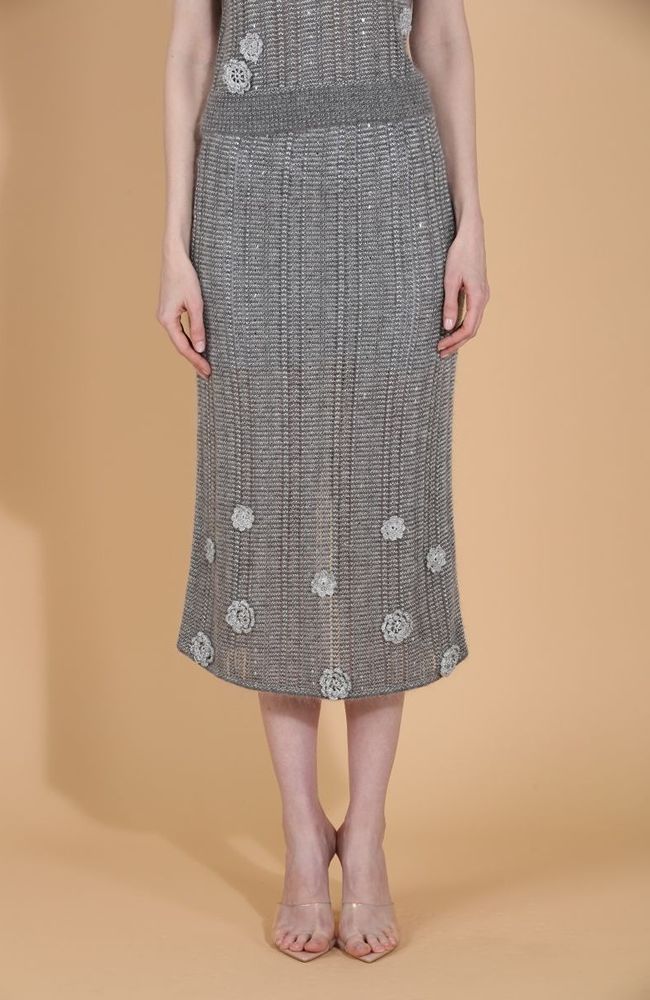 Merino Blend Knit Skirt with Flowers