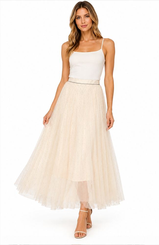 Pleated Tulle Skirt in Champagne