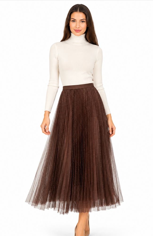 Pleated Tulle Skirt Rhinestone Trim