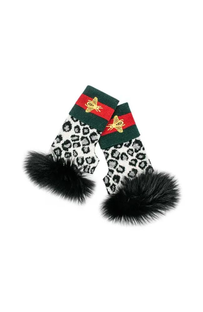 Animal Print Gloves with Embroidered Bee on Cuff