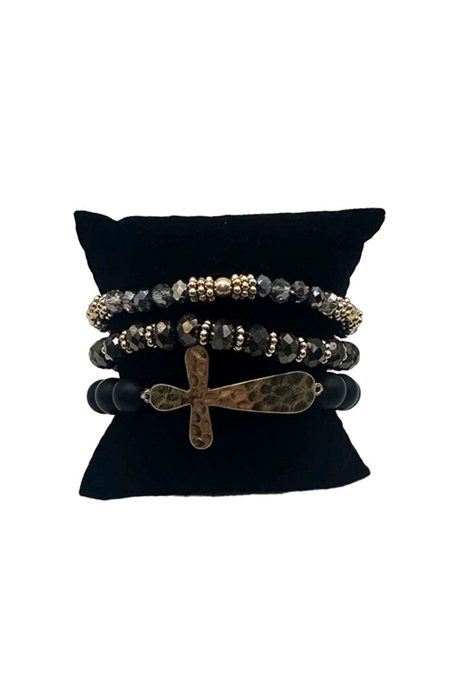 Black 3 Row Bead Cross Bracelet