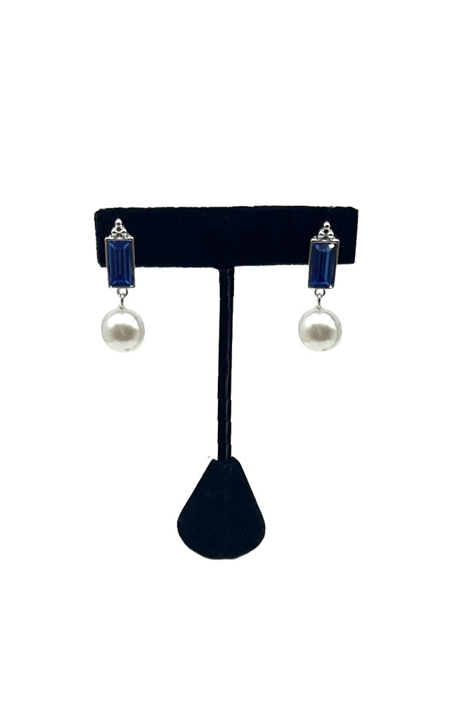 Blue Baguette & Pearl Earrings
