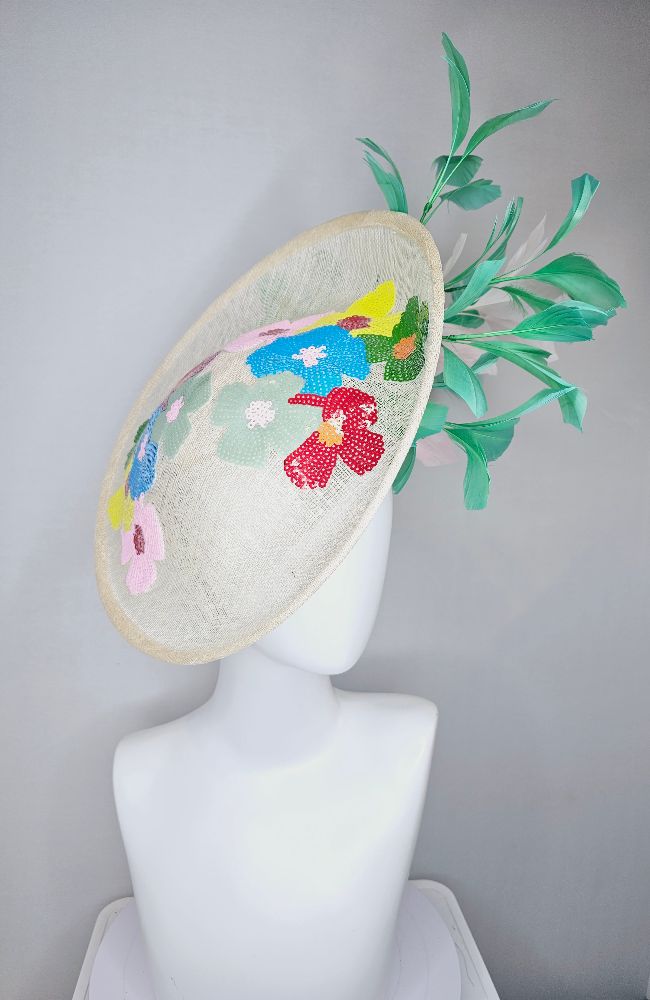 HD24-34 White Applique Teal Feathers