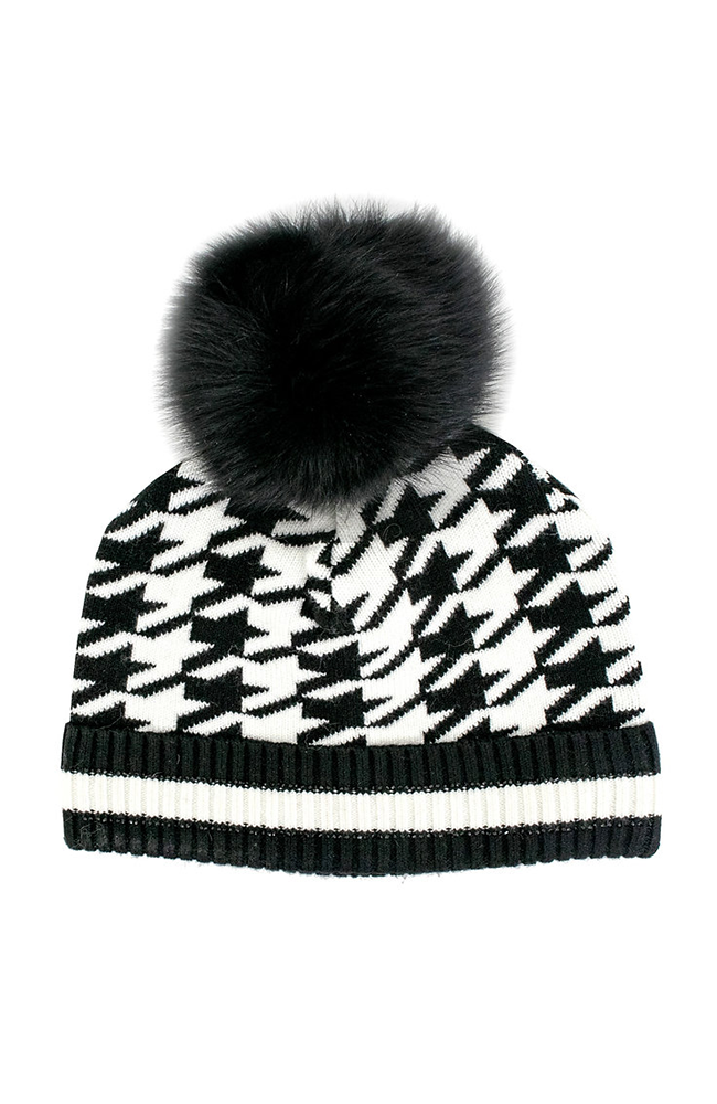 Black Houndstooth Hat Fox Pom